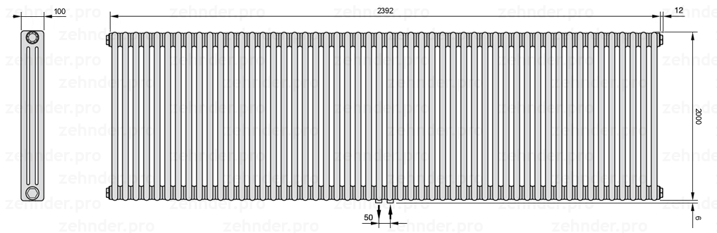 Схема (чертеж) Радиатор Zehnder Charleston 3200/52 №5410 Белый глянцевый RAL 9016